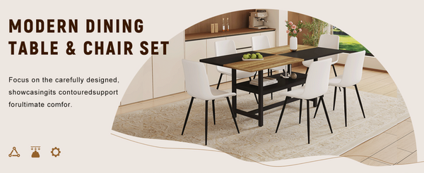 English Elm Table and Six Chair Dining Set Two-tone Mdf Top with Built-in Shelf for Easy Storage Black, White, Wood W1151S03453