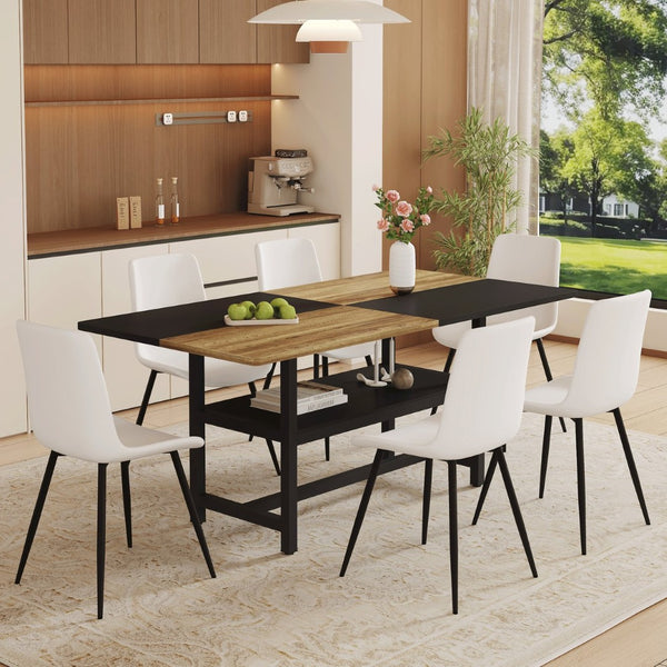 English Elm Table and Six Chair Dining Set Two-tone Mdf Top with Built-in Shelf for Easy Storage Black, White, Wood W1151S03453