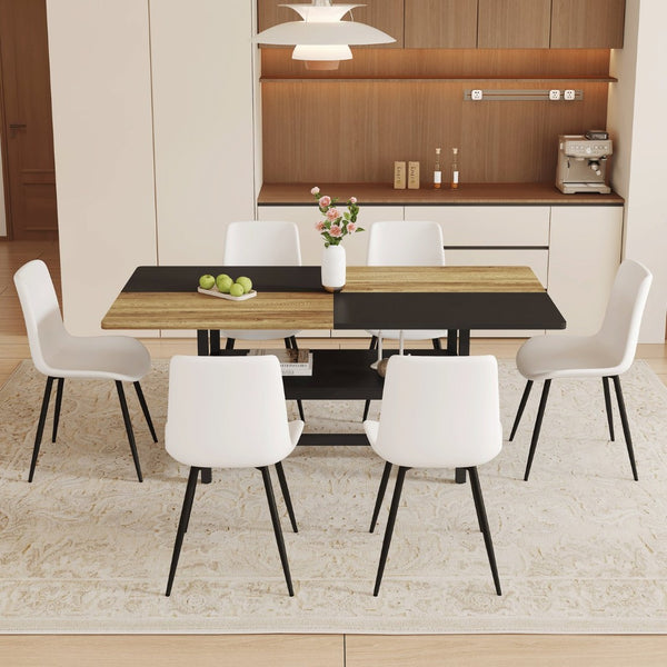 English Elm Table and Six Chair Dining Set Two-tone Mdf Top with Built-in Shelf for Easy Storage Black, White, Wood W1151S03453