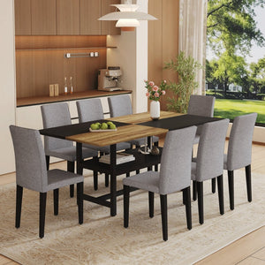 English Elm Table and Chair Set Nine Piece Dining with Storage Shelf Linen Upholstered Seating Black, Light Gray, Wood W1151S03462