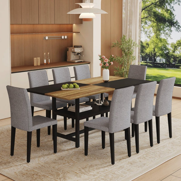 English Elm Table and Chair Set Nine Piece Dining with Storage Shelf Linen Upholstered Seating Black, Light Gray, Wood W1151S03462