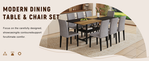 English Elm Table and Chair Set Nine Piece Dining with Storage Shelf Linen Upholstered Seating Black, Light Gray, Wood W1151S03462