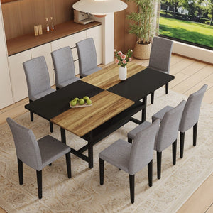 English Elm Table and Chair Set Nine Piece Dining with Storage Shelf Linen Upholstered Seating Black, Light Gray, Wood W1151S03462