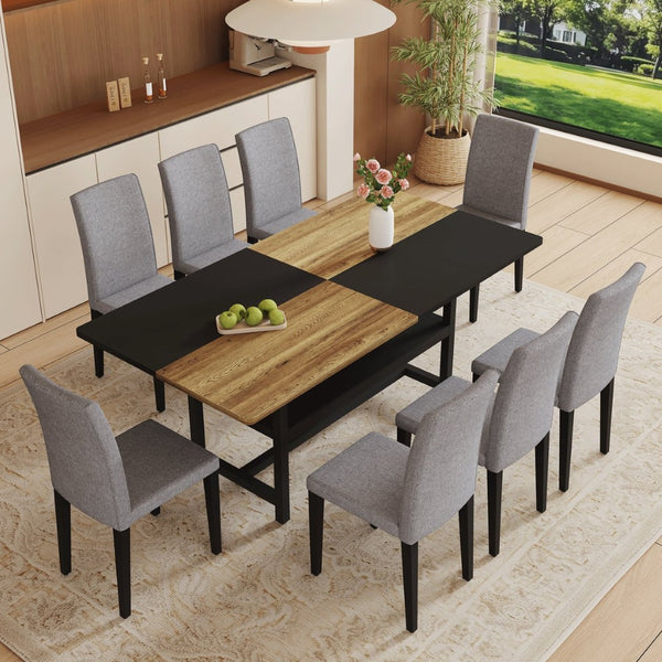English Elm Table and Chair Set Nine Piece Dining with Storage Shelf Linen Upholstered Seating Black, Light Gray, Wood W1151S03462
