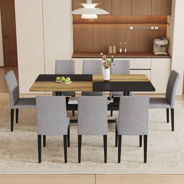English Elm Table and Chair Set Nine Piece Dining with Storage Shelf Linen Upholstered Seating Black, Light Gray, Wood W1151S03462