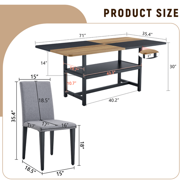 English Elm Table and Chair Set Nine Piece Dining with Storage Shelf Linen Upholstered Seating Black, Light Gray, Wood W1151S03462