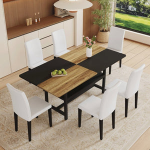 English Elm Table and Chair Set Seven Piece Rectangular Dining with Storage Shelf and PU Leather Seats Wood+Black 6 Chairs - Simple W1151S03463