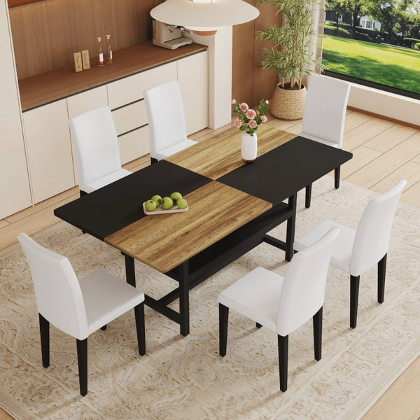 English Elm Table and Chair Set Seven Piece Rectangular Dining with Storage Shelf and PU Leather Seats Wood+Black 6 Chairs - Simple W1151S03463