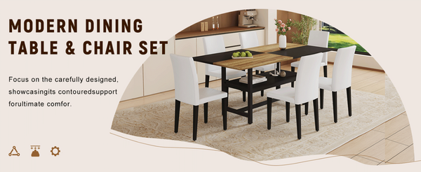 English Elm Table and Chair Set Seven Piece Rectangular Dining with Storage Shelf and PU Leather Seats Wood+Black 6 Chairs - Simple W1151S03463