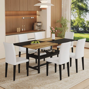 English Elm Table and Chair Set Seven Piece Rectangular Dining with Storage Shelf and PU Leather Seats Wood+Black 6 Chairs - Simple W1151S03463