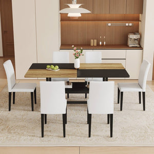 English Elm Table and Chair Set Seven Piece Rectangular Dining with Storage Shelf and PU Leather Seats Wood+Black 6 Chairs - Simple W1151S03463