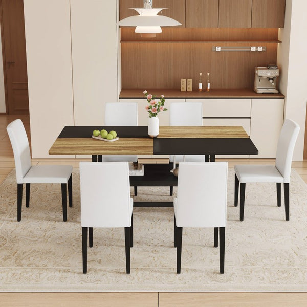 English Elm Table and Chair Set Seven Piece Rectangular Dining with Storage Shelf and PU Leather Seats Wood+Black 6 Chairs - Simple W1151S03463
