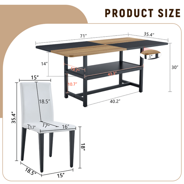 English Elm Table and Chair Set Seven Piece Rectangular Dining with Storage Shelf and PU Leather Seats Wood+Black 6 Chairs - Simple W1151S03463