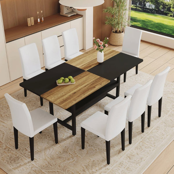 English Elm Table and Chair Set Two-tone Mdf Top Seats 8 with Built-in Shelf Modern Dining White+Black, Wood W1151S03464
