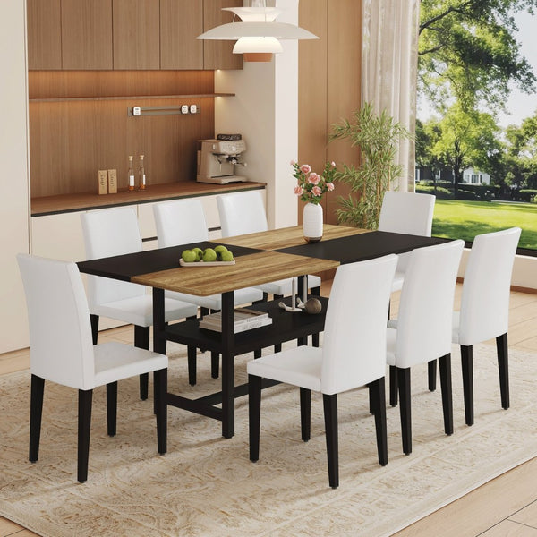 English Elm Table and Chair Set Two-tone Mdf Top Seats 8 with Built-in Shelf Modern Dining White+Black, Wood W1151S03464
