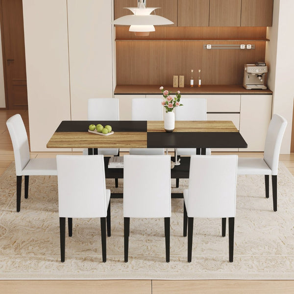 English Elm Table and Chair Set Two-tone Mdf Top Seats 8 with Built-in Shelf Modern Dining White+Black, Wood W1151S03464