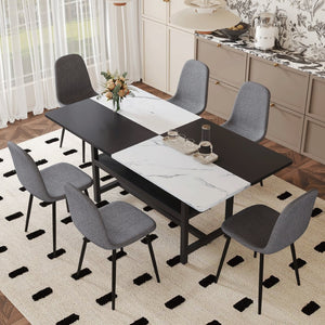 English Elm Table and Chair Set Seats Six with Storage Shelf Linen Upholstery Modern Dining Dark Gray, White+Black W1151S03493