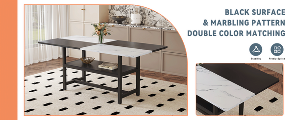 English Elm Table and Chair Set Seats Six with Storage Shelf Linen Upholstery Modern Dining Dark Gray, White+Black W1151S03493