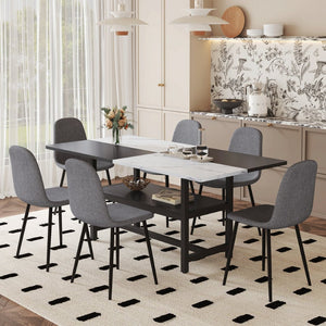 English Elm Table and Chair Set Seats Six with Storage Shelf Linen Upholstery Modern Dining Dark Gray, White+Black W1151S03493