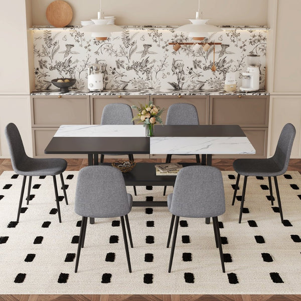 English Elm Table and Chair Set Seats Six with Storage Shelf Linen Upholstery Modern Dining Dark Gray, White+Black W1151S03493