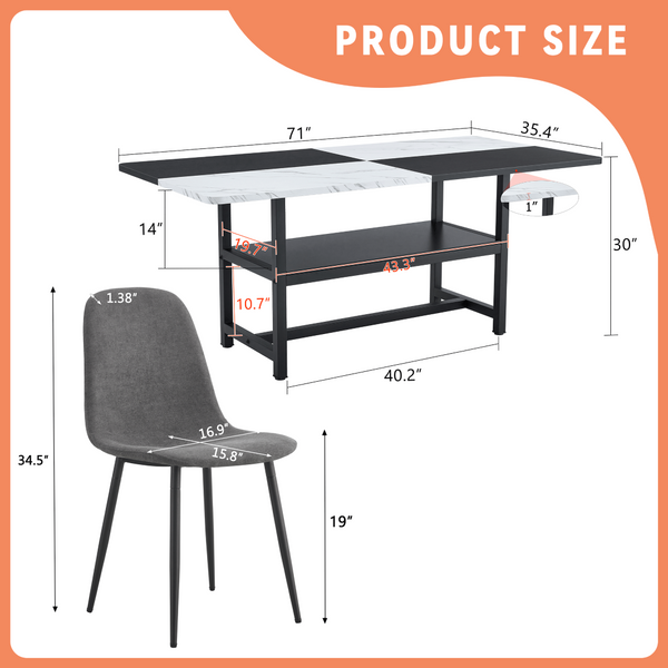 English Elm Table and Chair Set Seats Six with Storage Shelf Linen Upholstery Modern Dining Dark Gray, White+Black W1151S03493