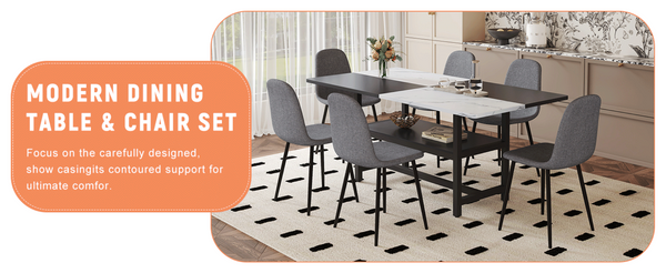 English Elm Table and Chair Set Seats Six with Storage Shelf Linen Upholstery Modern Dining Dark Gray, White+Black W1151S03493