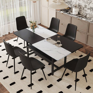 English Elm Table and Chair Set 7 Piece Dining with Wood Grain Spliced Top Plus Storage Shelf White & Black Black W1151S03499