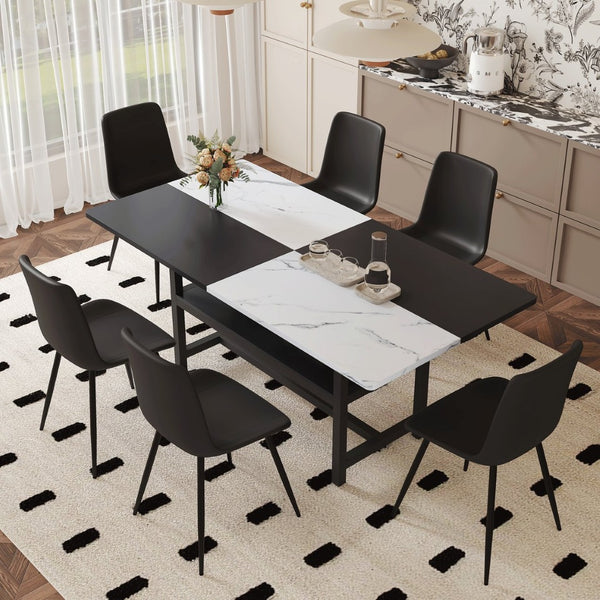 English Elm Table and Chair Set 7 Piece Dining with Wood Grain Spliced Top Plus Storage Shelf White & Black Black W1151S03499