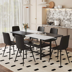 English Elm Table and Chair Set 7 Piece Dining with Wood Grain Spliced Top Plus Storage Shelf White & Black Black W1151S03499