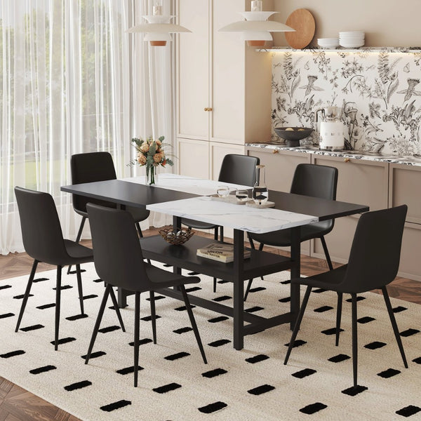 English Elm Table and Chair Set 7 Piece Dining with Wood Grain Spliced Top Plus Storage Shelf White & Black Black W1151S03499