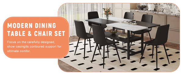 English Elm Table and Chair Set 7 Piece Dining with Wood Grain Spliced Top Plus Storage Shelf White & Black Black W1151S03499