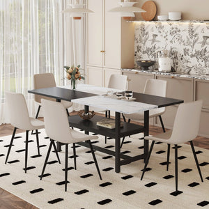 English Elm Table and Chair Set 7 Piece Dining with Wood Grain Spliced Top Plus Storage Shelf White & Black Light Gray W1151S03501