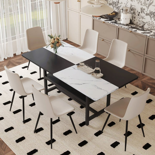English Elm Table and Chair Set 7 Piece Dining with Wood Grain Spliced Top Plus Storage Shelf White & Black Light Gray W1151S03501