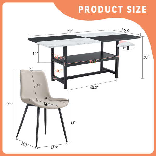 English Elm Table and Chair Set 7 Piece Dining with Wood Grain Spliced Top Plus Storage Shelf White & Black Light Gray W1151S03501