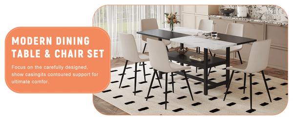 English Elm Table and Chair Set 7 Piece Dining with Wood Grain Spliced Top Plus Storage Shelf White & Black Light Gray W1151S03501