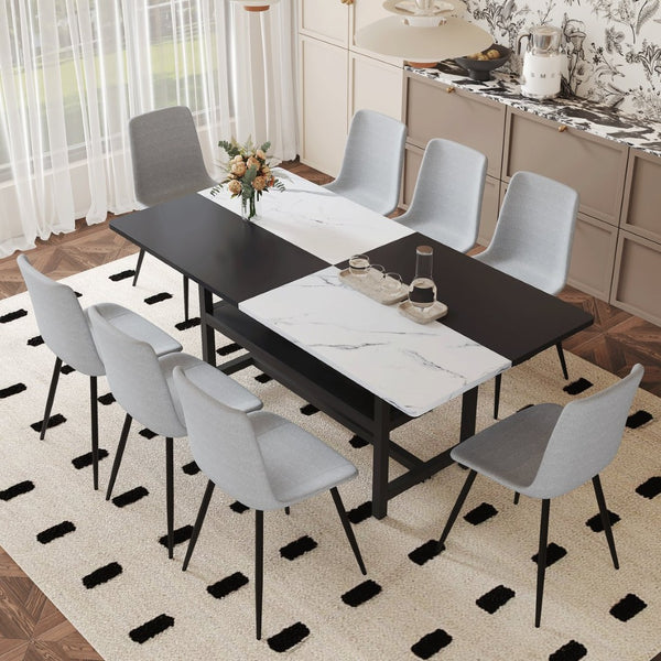 English Elm Table and Chair Set for Eight with Two-tone Mdf Top Storage Shelf Linen Seats Light Gray, White+Black W1151S03504