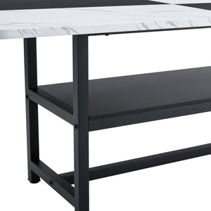 English Elm Table and Chair Set for Eight with Two-tone Mdf Top Storage Shelf Linen Seats Light Gray, White+Black W1151S03504