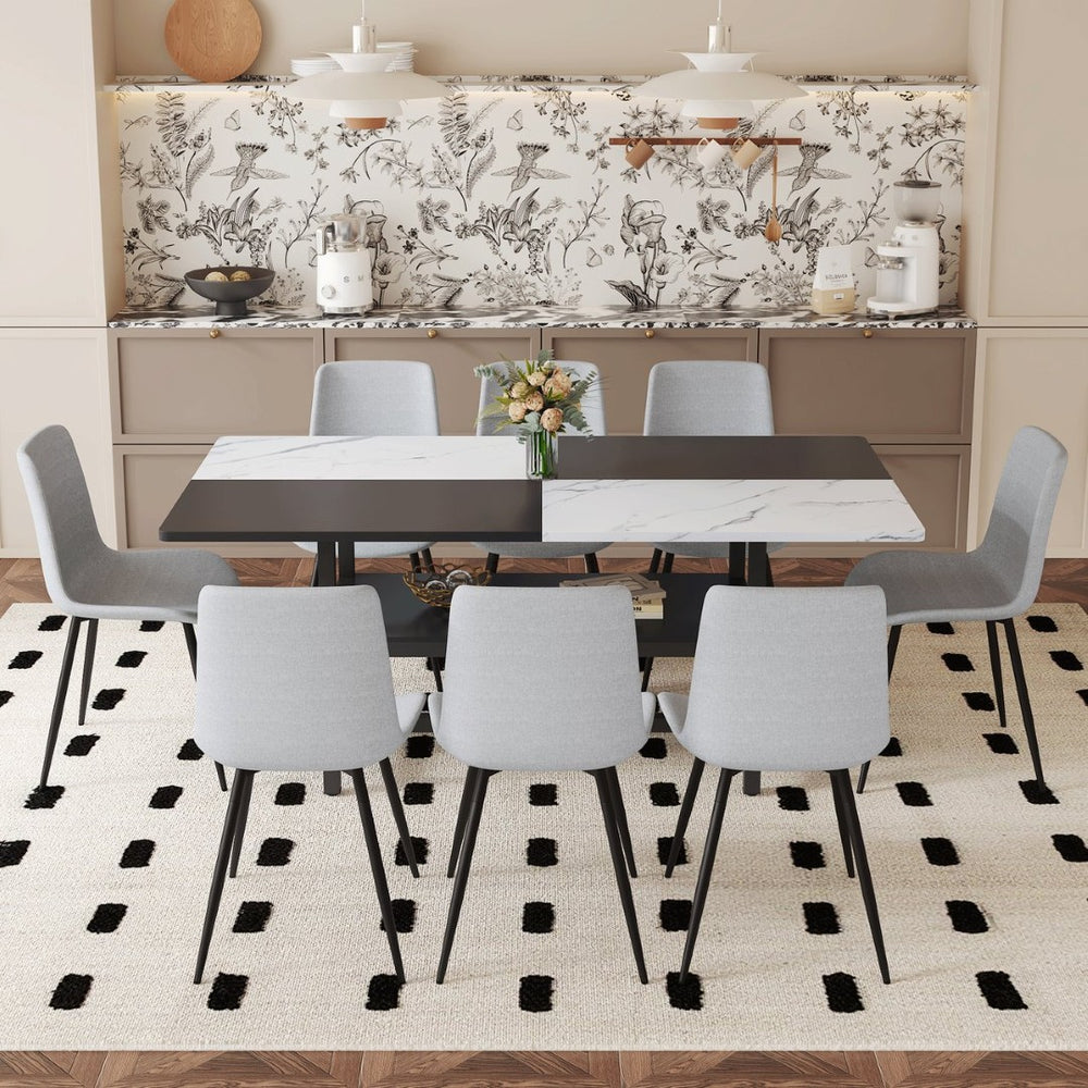 English Elm Table and Chair Set for Eight with Two-tone Mdf Top Storage Shelf Linen Seats Light Gray, White+Black W1151S03504