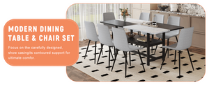 English Elm Table and Chair Set for Eight with Two-tone Mdf Top Storage Shelf Linen Seats Light Gray, White+Black W1151S03504