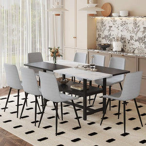 English Elm Table and Chair Set for Eight with Two-tone Mdf Top Storage Shelf Linen Seats Light Gray, White+Black W1151S03504