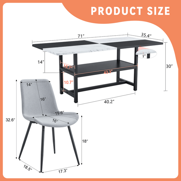 English Elm Table and Chair Set for Eight with Two-tone Mdf Top Storage Shelf Linen Seats Light Gray, White+Black W1151S03504
