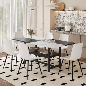 English Elm Table and Six Chair Dining Set Two-tone Mdf Top with Built-in Shelf for Easy Storage White + Black W1151S03505