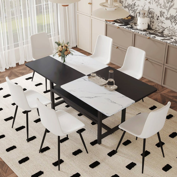 English Elm Table and Six Chair Dining Set Two-tone Mdf Top with Built-in Shelf for Easy Storage White + Black W1151S03505