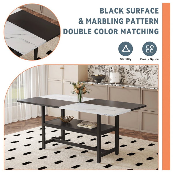 English Elm Table and Six Chair Dining Set Two-tone Mdf Top with Built-in Shelf for Easy Storage White + Black W1151S03505