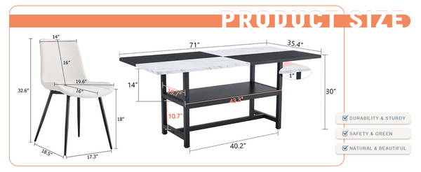 English Elm Table and Six Chair Dining Set Two-tone Mdf Top with Built-in Shelf for Easy Storage White + Black W1151S03505