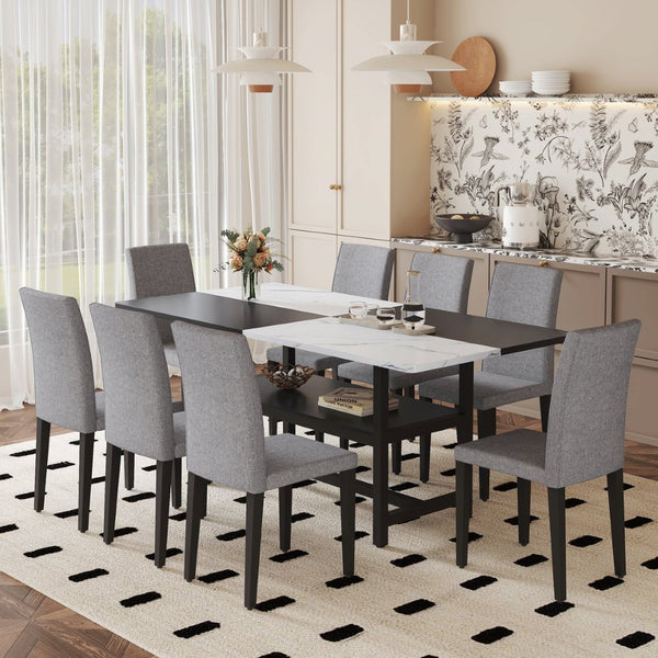 English Elm Table and Chair Set Nine Piece Dining with Storage Shelf Linen Upholstered Seating Light Gray, White+Black W1151S03510