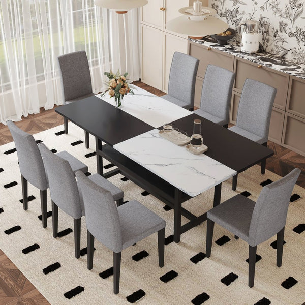 English Elm Table and Chair Set Nine Piece Dining with Storage Shelf Linen Upholstered Seating Light Gray, White+Black W1151S03510