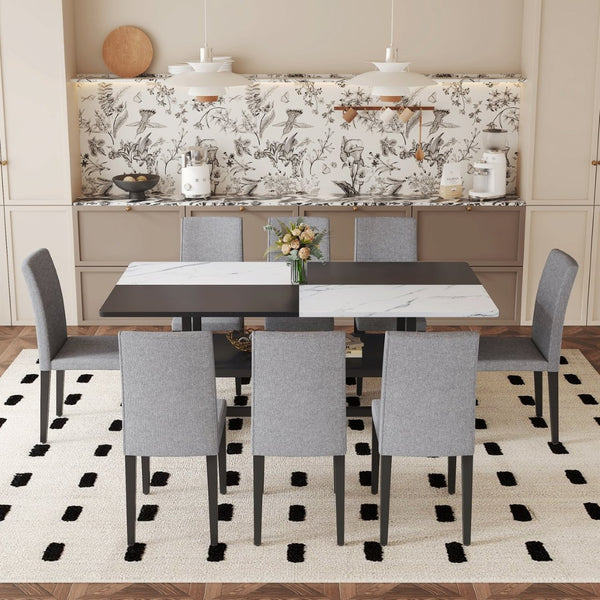 English Elm Table and Chair Set Nine Piece Dining with Storage Shelf Linen Upholstered Seating Light Gray, White+Black W1151S03510