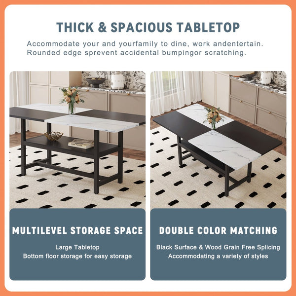English Elm Table and Chair Set Nine Piece Dining with Storage Shelf Linen Upholstered Seating Light Gray, White+Black W1151S03510