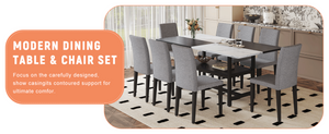 English Elm Table and Chair Set Nine Piece Dining with Storage Shelf Linen Upholstered Seating Light Gray, White+Black W1151S03510
